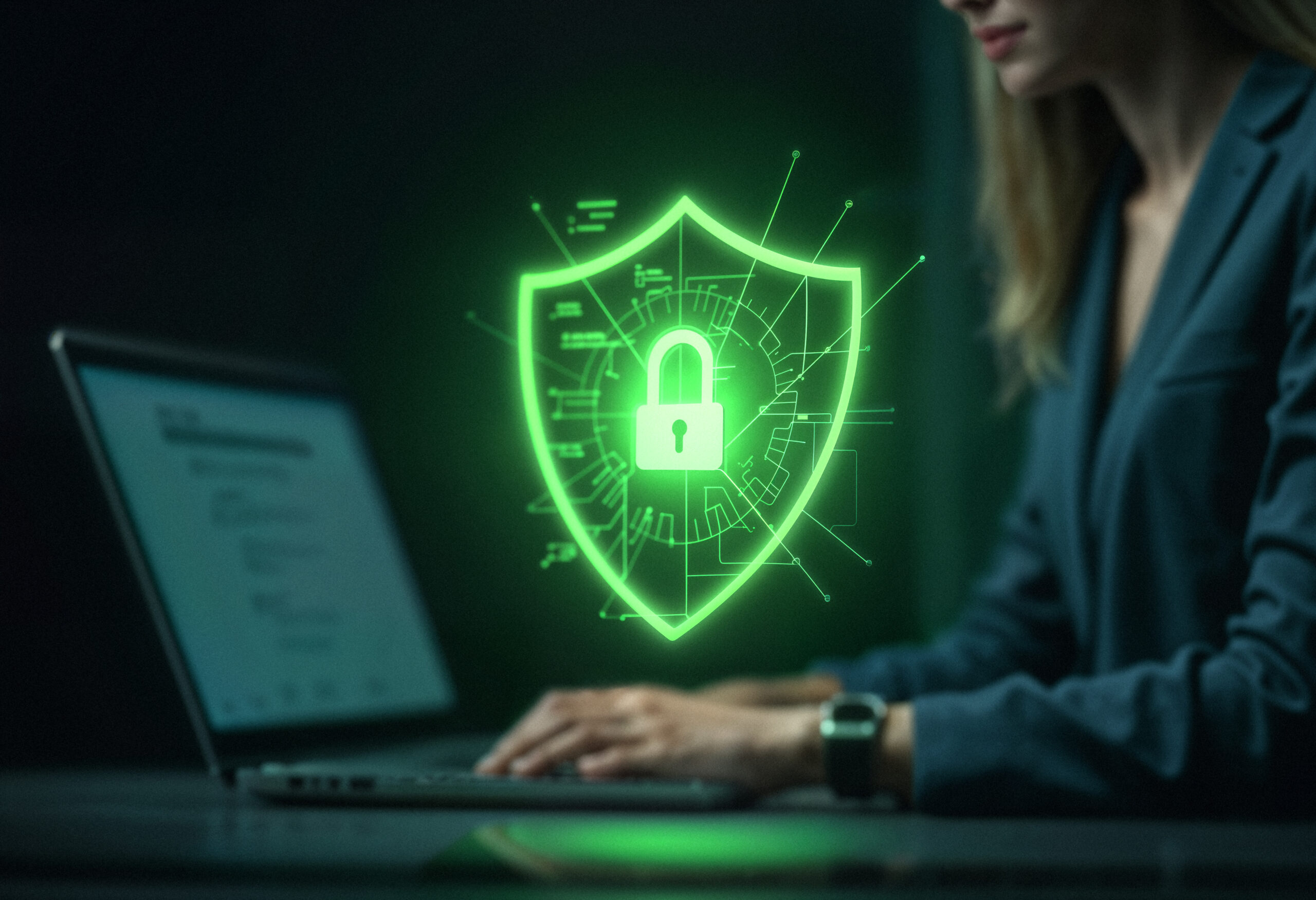 woman-working-laptop-with-glowing-security-shield
