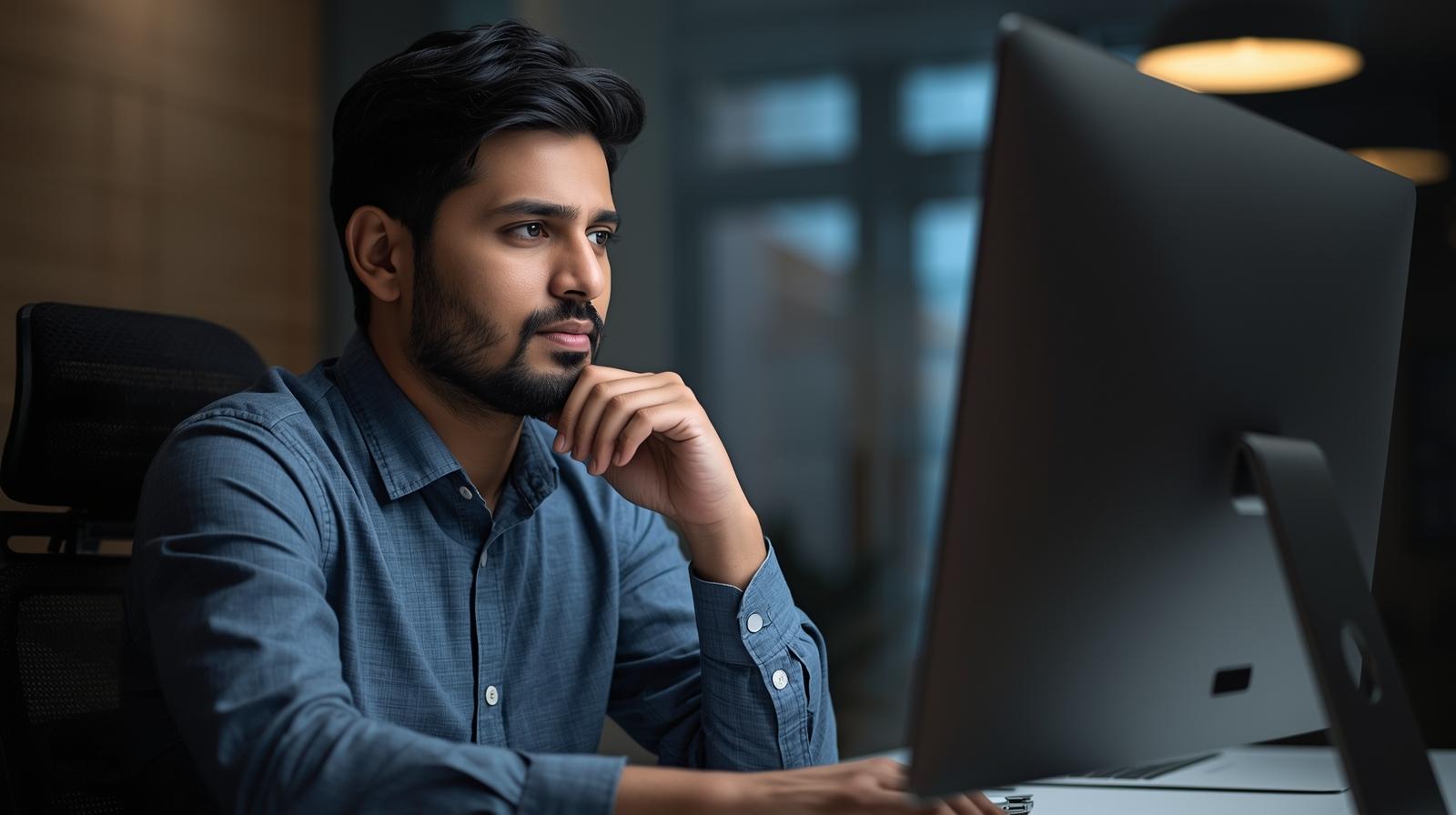 an indian man in front of desktop computer